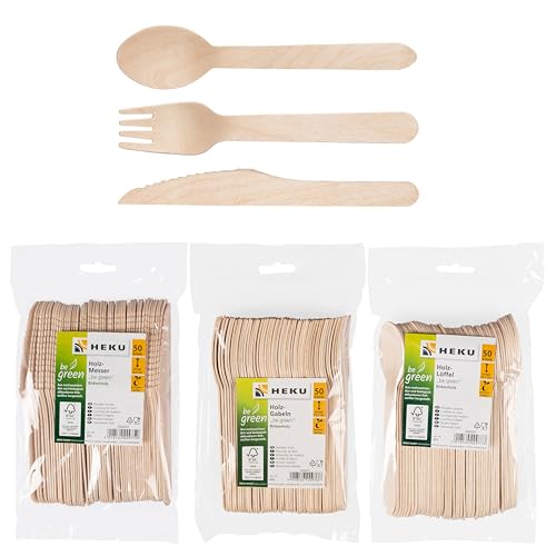 HEKU be green Einweg-Besteck-Set 150-teilig aus Birkenholz - 50 Messer (16,5 cm), 50 Gabeln, 50 Löffel (15,7 cm) I Kompostierbar I Hergestellt aus nachwachsenden und biologisch abbaubaren Rohstoffen