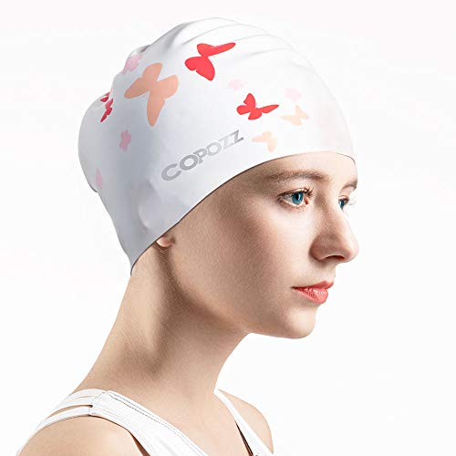 COPOZZ Erwachsene Badekappe Damen, Silikon Aufrüsten Wasserdicht Schwimmkappe Langes Haar Badekappen Anti-Leck Swimming Cap Bademütze für Mädchen mit Lockigem, Mittellangem Haar