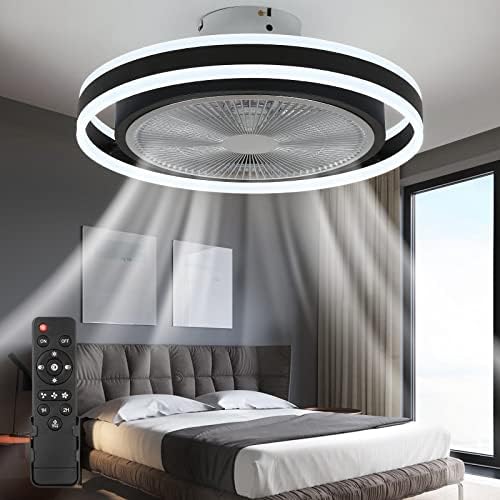 Ceiling Fan with Lights Remote Control 20" Enclosed Low Profile Ceiling Fan with Light Flush Mount Bladeless Ceiling Fan 3 Speed 3 Color Dimmable 72W Modern Ceiling Fan Light Kit for Bedroom Kitchen