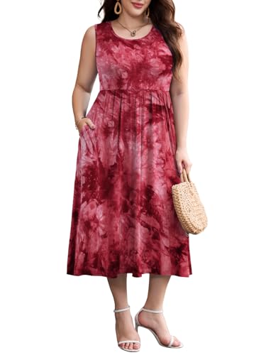 Image of LARACE Women's Plus Size Sleeveless Maxi Dress Casual Crew Neck Pleated Flowy Long Dresses with Pockets L-6XL