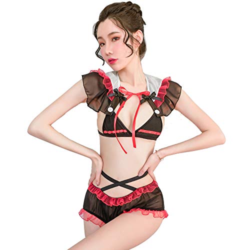 YUANMO Damen Cat Bikini Kitty Cosplay Rüschen Lingerie Dessous Sets Anime Katzen Kostüm Halsband