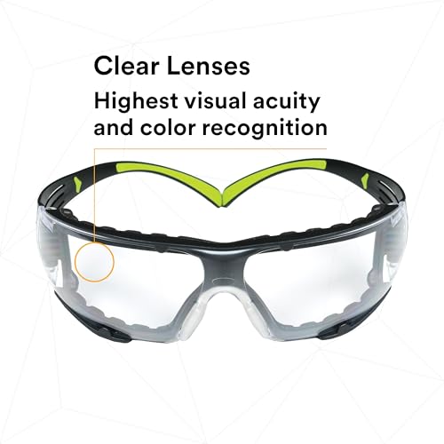Image of 3M Safety Glasses, SecureFit, ANSI Z87, Dust Protection, Anti-Fog Anti-Scratch Clear Lens, Green /Black Frame, Flexible Temples, Removable Foam Gasket