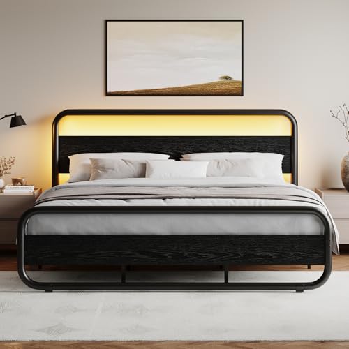 Image of King Size Bed Frame, Wood Headboard and Footboard, LED Lights, Black