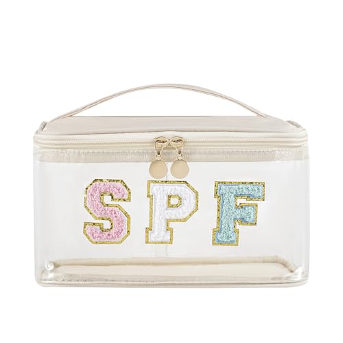 Lestikave Clear Waterproof Summer SPF Makeup BagPreppy Sunscreen Accessories Zipper CaseAesthetic Chenille Letter Cosmetic Bag Beach Vacation Travel PurseTravel Toiletry Bag(02SPF Beige)