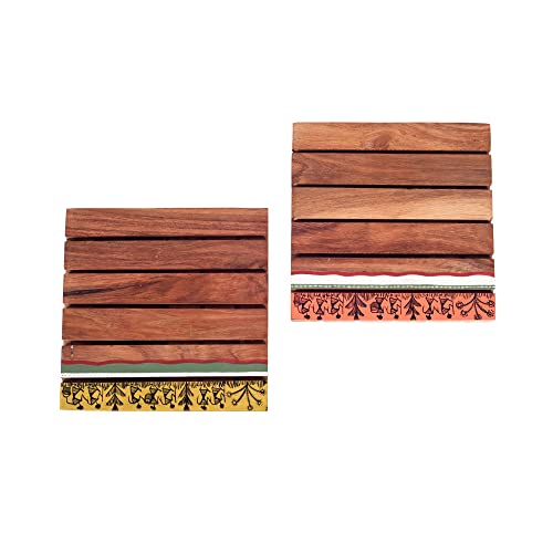Image of AAKRITI ART CREATIONS Rustic Square Wooden Trivets | Floral Art | Brown Rosewood Trivets Set of 2 | Matte Finish Heat Resistant Coasters | for Dining Table & Kitchen