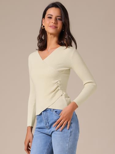 Allegra K Women's V Neck Sweater Long Sleeve Ruched Button Cross Wrap Knitted Tops2