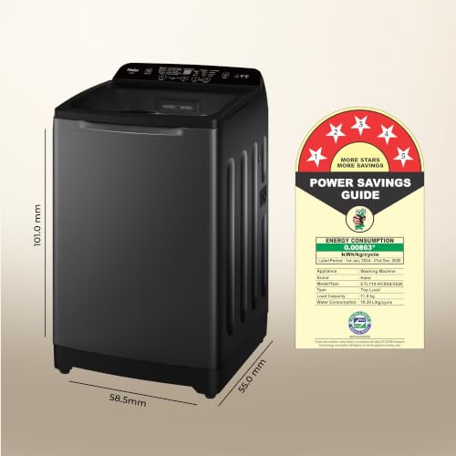Image of Haier 11 Kg, In-Built Heater, Front Panel Design, NZP Technology, Oceanus Wave Drum, Fully Automatic Top Load Washing Machine (ETL110-HC8S8 | Black)
