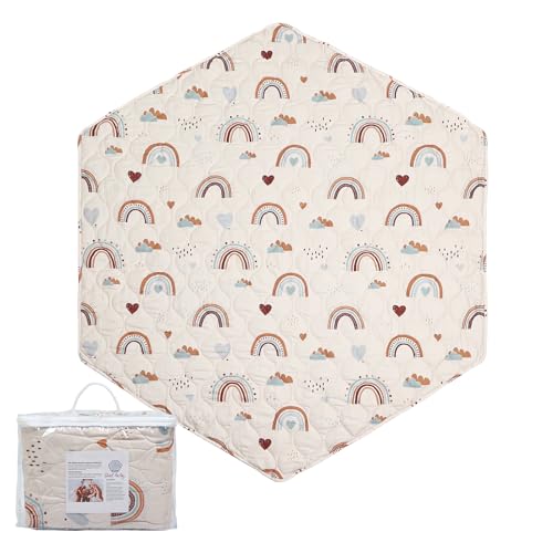 Image of Hexagon Playpen Mat 59inch Compatible with POP 'N GO Baby Playpen and California Beach Co Playpen, 59 Inch Hexagon Mattress Pad, Non Slip and Cushion Play Mat Boho Rainbow (59 inch 6-Panel)