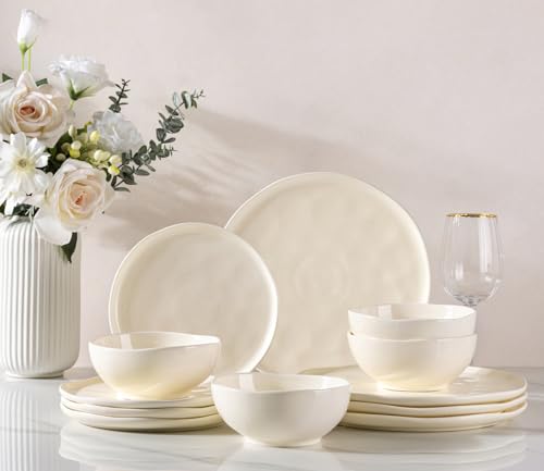 Image of GBHOME Ceramic Dinnerware Sets for 4, 12 Pieces Porcelain Lightweight Plates and Bowls Sets, Scratch Resistant Dish Set, Oven & Microwave & Dishwasher Safe, Beige Speckled
