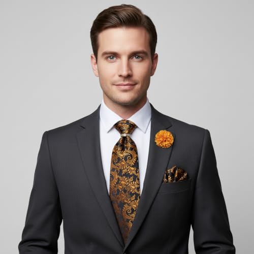 Image of 5PCS Mens Silk Tie, Pocket Square, Cufflinks, Drilled Tie Ring and Lapel Pin Set for Wedding Groom Party