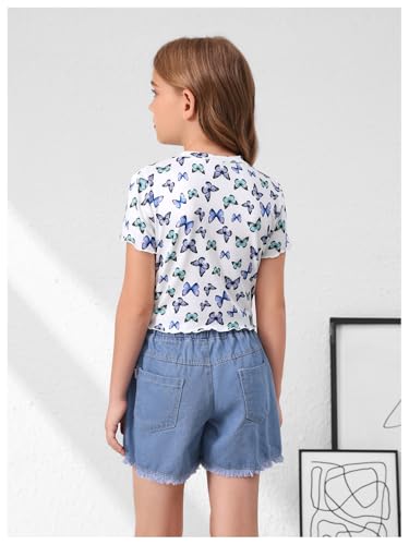 Image of RoseSeek Girl's 3 Packs Graphic Tees Butterfly Embroidery Short Sleeve T Shirt Crewneck Slim Fit Tops