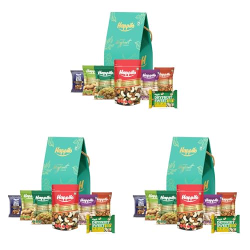 Image of Happilo Premium Celebrations Gift Pack with 7 Inclusions | Dry fruit Sweet, Date bite, Almond, Cashew, Raisin, Panchmeva, Party Snack | Robin | Birthday, Anniversary Hamper (Pack of 3)