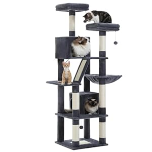 Tall Cat Tree 70.9″, Large Cat Tower for Indoor Cats, Multi-Level Plush Cat Condo with 6 Scratching Posts, 2 Scratching Boards, 2 Perches, 2 Caves, Hammock, 2 Pompoms, Dark Gray