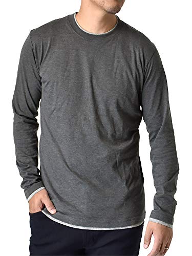 [アルージェ] 長袖Tシャツ ロンT メンズ ダブルネック 重ね着デザイン フェイクレイヤード 綿 / 001-C3J / M 杢チャコール