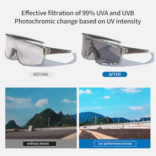 Image of PAIS Photochromic Sport Sunglasses for Big Heads, Man Women XXL Shades - Wide Temple Fit, Flame Motif, Cycling Biking Running
