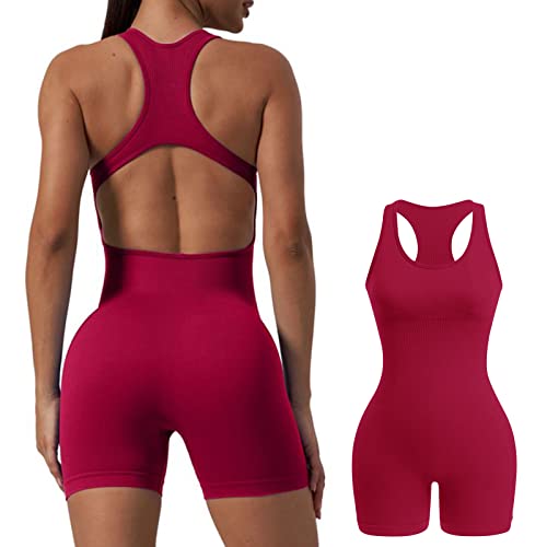 Jetjoy Mono de yoga para mujer, ajustado, sin costuras, suave, sin espalda, acolchado, sexy, mono de una pieza, para mujer, corto, deporte, entrenamiento, verano, Volver abierto Vino Rojo, S