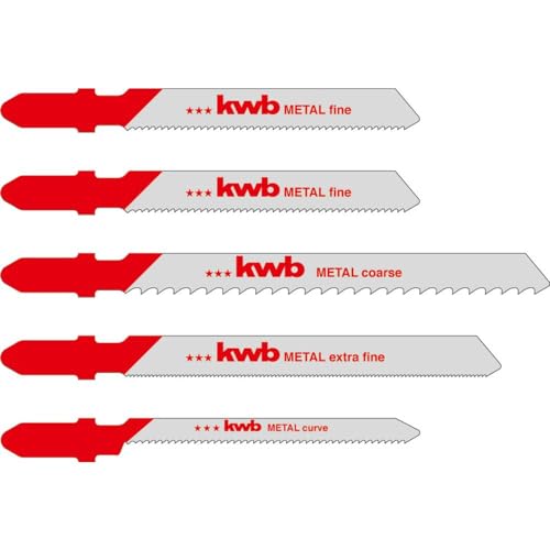 kwb Juego de 5 hojas de sierra de calar de metal HSS para cortes gruesos y extrafinos, incluye hoja de sierra curva con vástago T S-20/vástago de leva