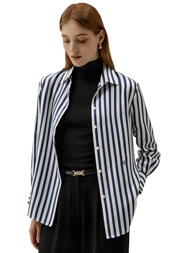 LilySilk Womens 100% Silk Shirt Ladies Blue White Pinstripes Blouse with V Neck and Long Sleeve Work Casual All Season