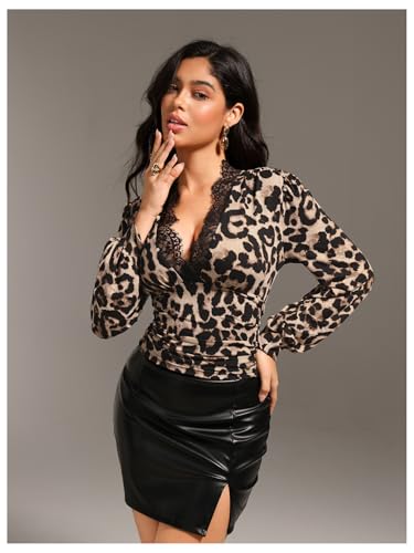 SOLY HUX Women's Tops Leopard Print Lace Trim T Shirt V Neck Bishop Long Sleeve Tee4