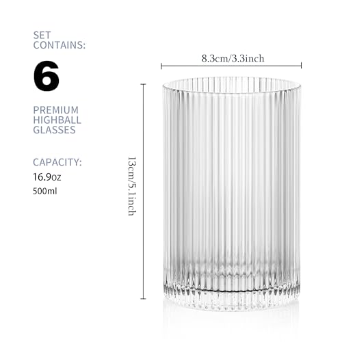 Vintage Ribbed Glassware Set: 6pcs 16.9oz XL Drinking Glasses, Fluted Ripple Drinkware, Origami Style, Elegant Glassware for Whiskey, Cocktail, Iced Coffee, Juice, Beer, Soda