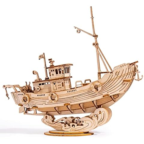 ROBOTIME 3D Wooden Puzzle for Kids and Adults Boat Building Kits Craft Brain Teaser DIY Kits for Children 8 Years Old and Up (Fishing Ship) Cover