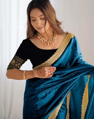 Image of SIRIL Women's Shimmer Net Sequence Embroidery Lace Saree for With Unstitched Blouse Piece