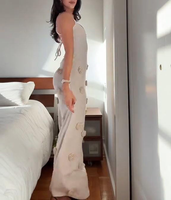 Women's Knit Maxi Dress Spaghetti Strap Floral Dresses Bodycon Knitted Beach Long Dress Backless Swim Cover up Dresses3