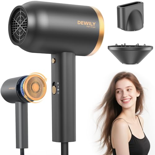 Asciugacapelli ionico DEWILY 1800W con diffusore-ad asciugatura rapida con pulsante caldo/freddo, asciugacapelli con diffusore termostatico, 3 temperature, 2 velocità,Nero e Oro