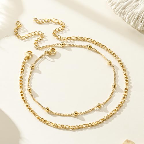 Image of Ritach Ankle Bracelets for Women - Silver /Gold Plated Stainless Steel Anklets for Women Waterproof Layered Cuban Link Figaro Chain Heart Anklets Set Summer Beach Jewelry Gifts