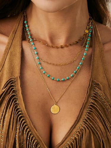 Layered Gold Necklaces for Women Stack Boho Turquoise Western Coin Pendant Necklace Country Concert Beach Fashion Jewelry Gift2