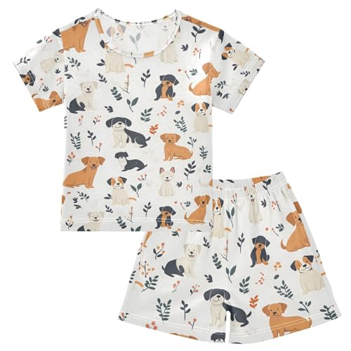 ALAZA Leaf Puppy Dog Pajamas Set Short Sleeve Cotton Sleepwear Summer Pjs 2 Piece 5-14Y