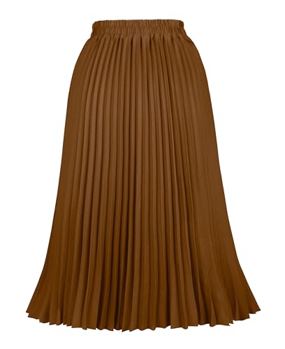 THHGPO Women's Pleated Skirts High Elastic Waist A-Line Swing Skirt Midi Length Brown L