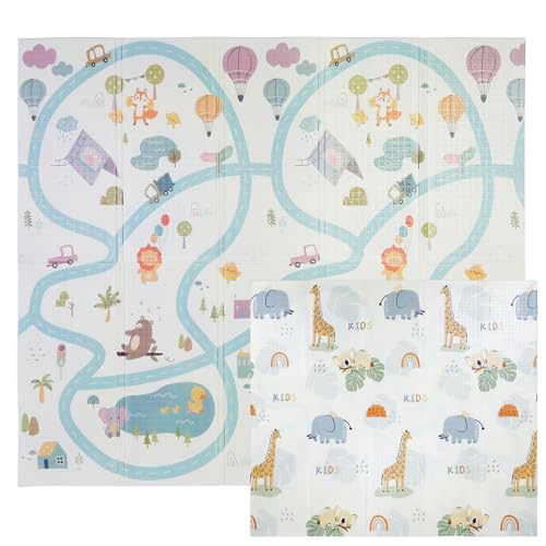 CCLIFE Krabbelmatte Baby Spielmatte Kinder 196x176x1cm Faltbar Spielteppich Spielunterlage Groß Rutschfest Beidseitig Tragbar Wasserdicht Innen Außen Bunt