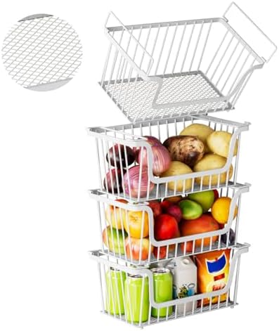 4 Pack Enhanced Leak-Proof Bottom Stackable Wire Baskets, Pantry Organizers and Storage, Pantry Storage，Shelf Baskets, Fruit Basket, Potato and Onion Storage Bins，(White)