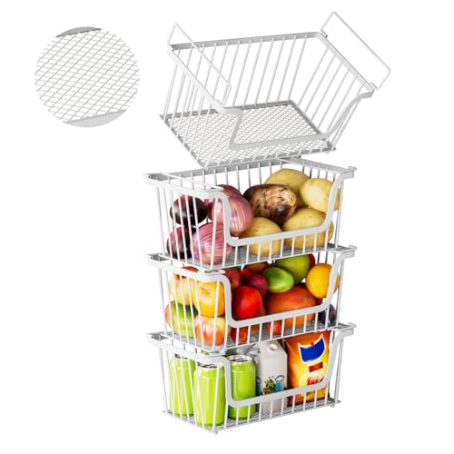 ANJUBAN 4 Pack Enhanced Leak-Proof Bottom Stackable Wire Baskets, Pantry Organizers and Storage, Pantry Storage，Shelf Baskets, Fruit Basket, Potato and Onion Storage Bins，(White)