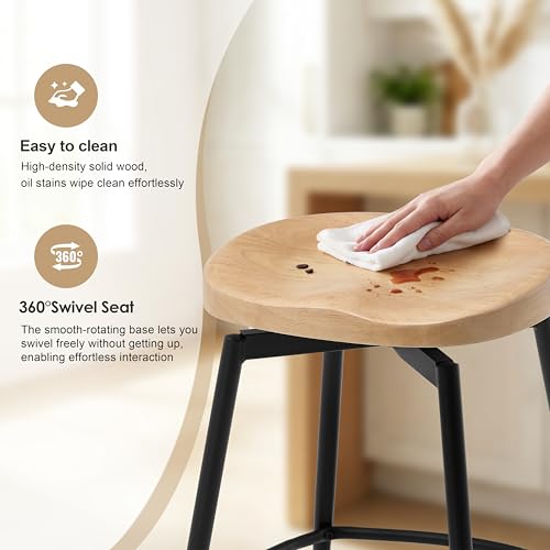 Image of 25 inch Swivel Backless Saddle Bar Stools Set of 4, Unstained Raw Wood | Solid Wood Saddle Seat with Metal Legs, Footrests and Non-Marking Feet for Kitchen Island