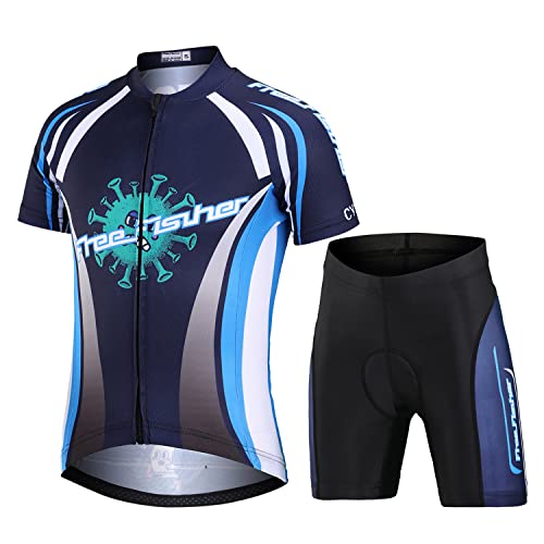 Amur Leopard Enfant Unisex Maillot de Cyclisme Manches Courtes & Cuissards VTT à Séchage Rapide Combinaison de Cyslisme Garçon Fille, Noir + Bleu B, M/6-7...
