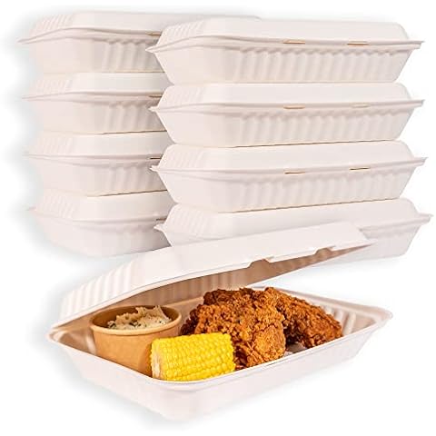 MULMEHË Eco-Friendly Sugarcane Bagasse Hinged Take Out Food Containers, 12x9x3, Single Compartment, Natural Unbleached Brown, 150 Pack Cover
