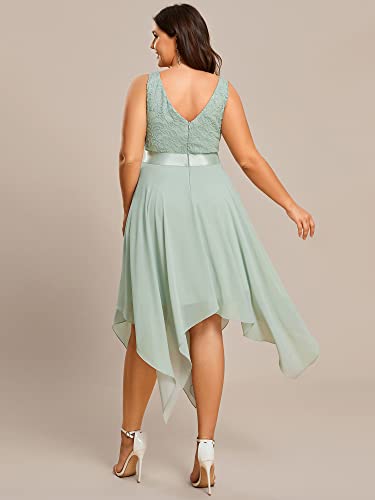Image of Ever-Pretty Plus Women's V Neck Sleeveless Asymmetric Hem Lace Chiffon Short Summer Plus Size Wedding Guest Dresses Mint Green US14