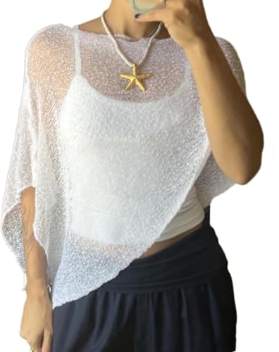 Poncho en maille pour femme, poncho transparent, boléro, pull d'été léger (blanc), blanc, XXL