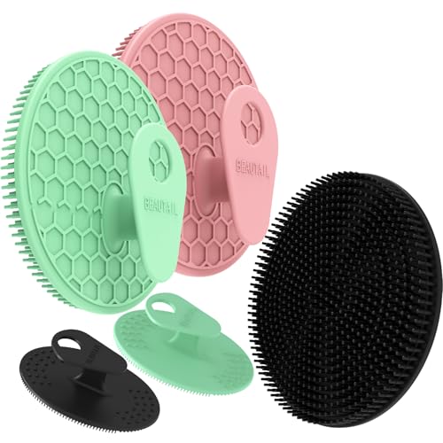 Image of BEAUTAIL Silicone Body & Face Scrubber Set 5 Pack, Gentle Shower Scrubber | Hygienic Silicone Loofah, Easy-Grip Handle, Soft Exfoliating Bath Brush for Sensitive Skin, Women, Men, Kid. Black+Pink+Green