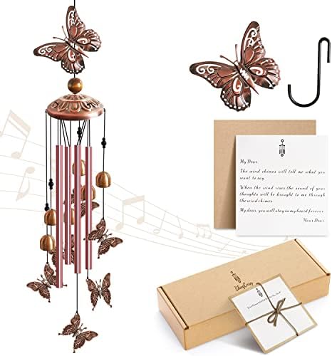 BlingCnsy Butterfly Wind Chimes for Outside with Card - 33" Memorial Wind Chime Gift to Express Thoughts & Love to Mother Father Lover Friend Pet - Metal Sympathy Windchimes Outdoors Garden Decor