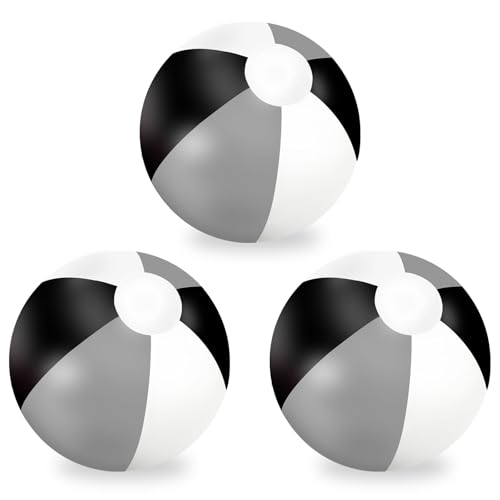 Whaline 3Pcs Inflatable Beach Ball 16 Inch Round Pool PVC Balls Cute Game Toys for Summer Hawaiian Tropical Theme Beach Party Decor (Black Gray)