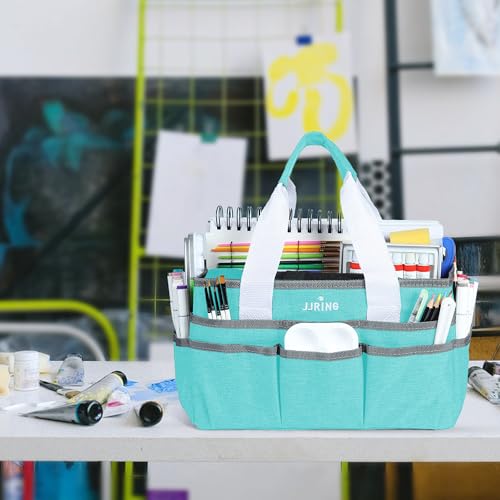Image of JJRING Craft Organizer Tote Bag, Art Storage Caddy with Multiple Pockets, Sky Blue Sewing Bag for Art, Craft, Scrapbooking, School, Medical, and Office Supplies Storage