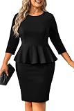 Pinup Fashion Plus Size Womens Black Peplum Dress 3/4 Sleeve Formal Wear to Work Business Knee Length Funeral Fall Bodycon Pencil Dresses