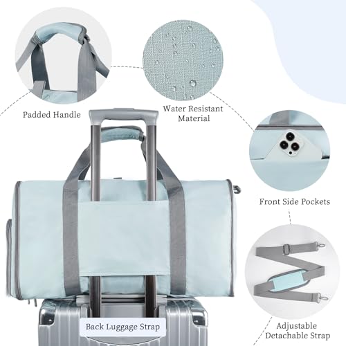 Image of Foldable Garment Bags for Travel, Convertible Travel Sports Duffel Bag for Women, Water Resistant Garment Bag with Shoe Compartment, 2 in 1 Hanging Suitcase Suit Bags, Gifts for Women, Mint Green, Blue, 22.5*11.5*13.8 inches, Travel