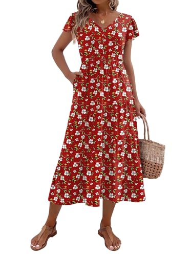 Image of Zeagoo Women's Summer Casual Dress Flutter Short Sleeve V Neck Button Down Tiered Flowy Long Dress with Pockets