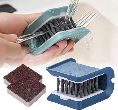 Image of Knife Cleaner, U-Shaped Double Sided Cleaning Brush, Blade Cleaner with 2 Pcs Replacement Sponge Brush Head, Non-Slip Blue PP Plastic Knife Brush