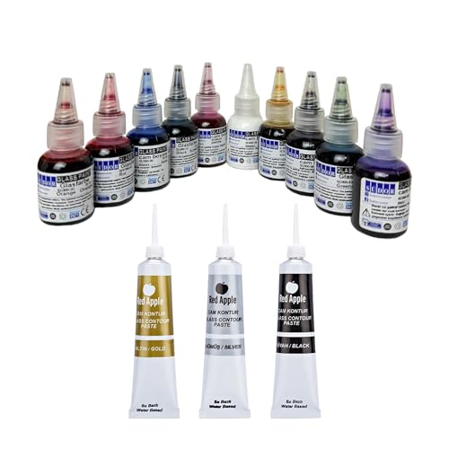 SÜDOR Glasmalfarben-Set. Schnelltrocknend Glasmalerei-Set. Vitrail. Geeignet zur dekorativen Gestaltung. Glass Paint Stained Glass (10 Farben x 25 ml & Konturenfarben (3 x 20ml))