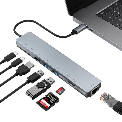 Docking Station USB C 8 in 1 Hub Adattatore Multiporta HDMI 4K, Ethernet RJ45 Gigabit, Ricarica PD 100W, 3 Porte USB Dati, Lettore SD TF, Alluminio Dock Station Compatibile con MacBook Pro Air HP